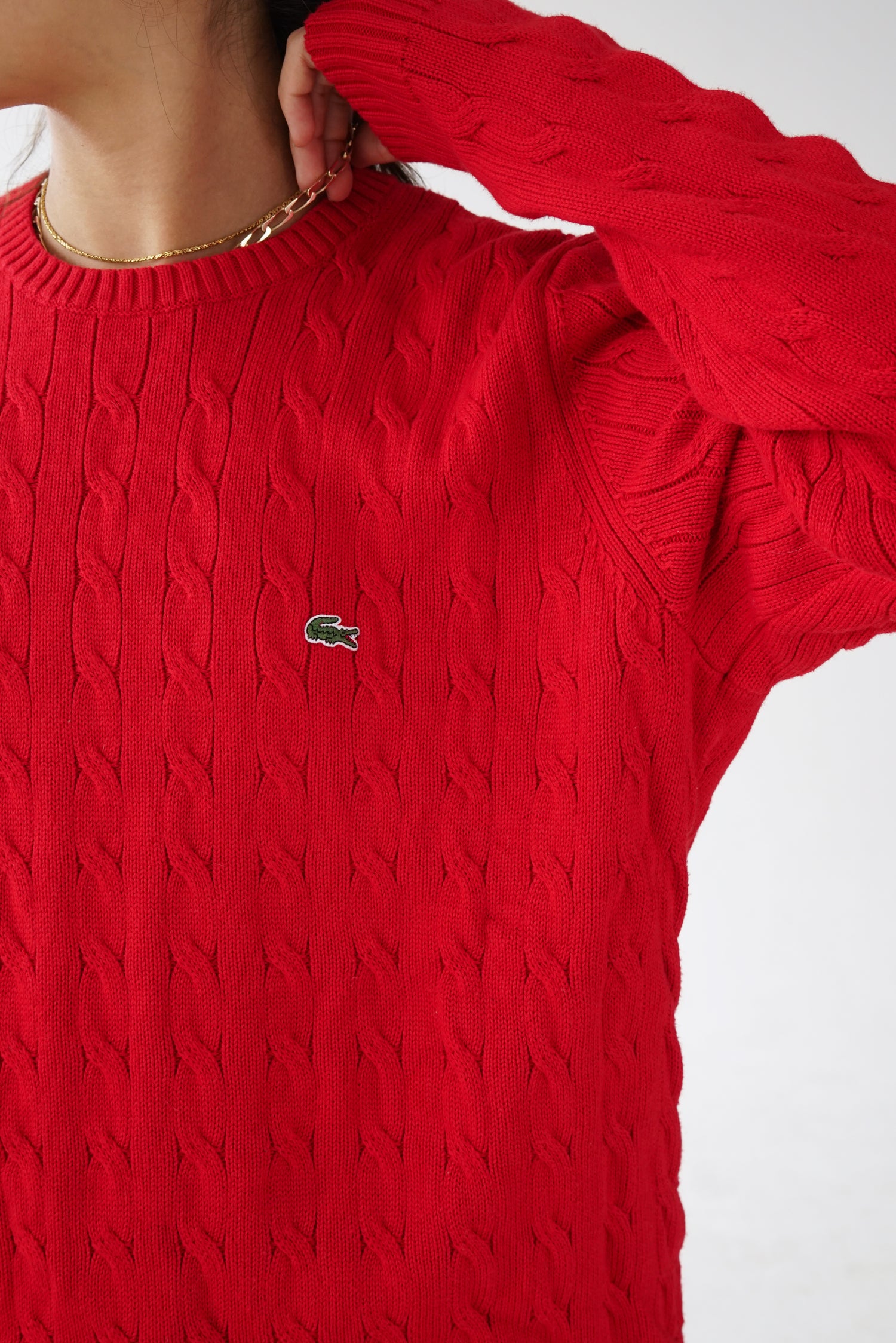 Chandail tressé Lacoste vintage rouge pour homme taille XL