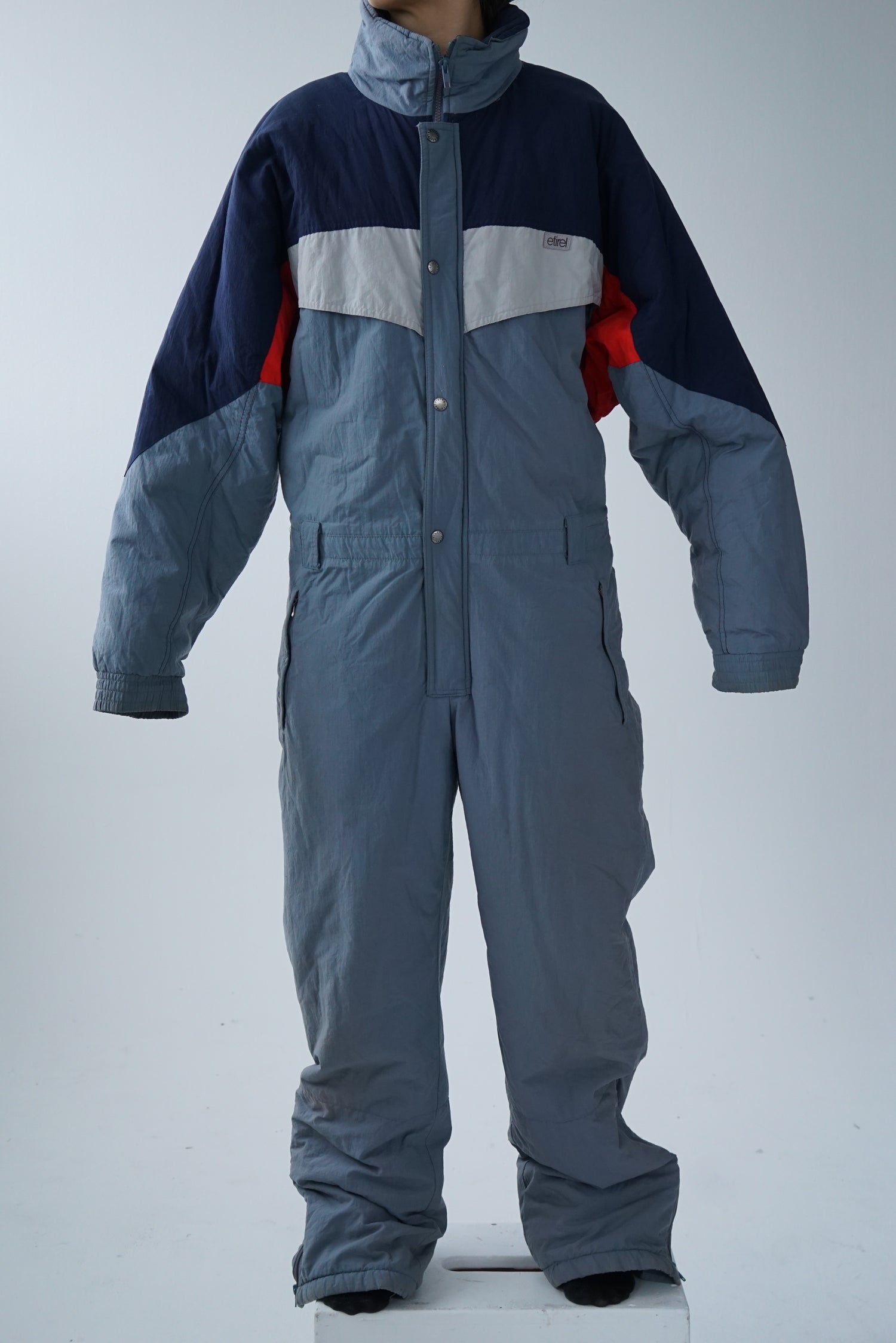 One piece vintage Etirel ski suit, snow suit gris bleu pour homme taille 54 (XL)