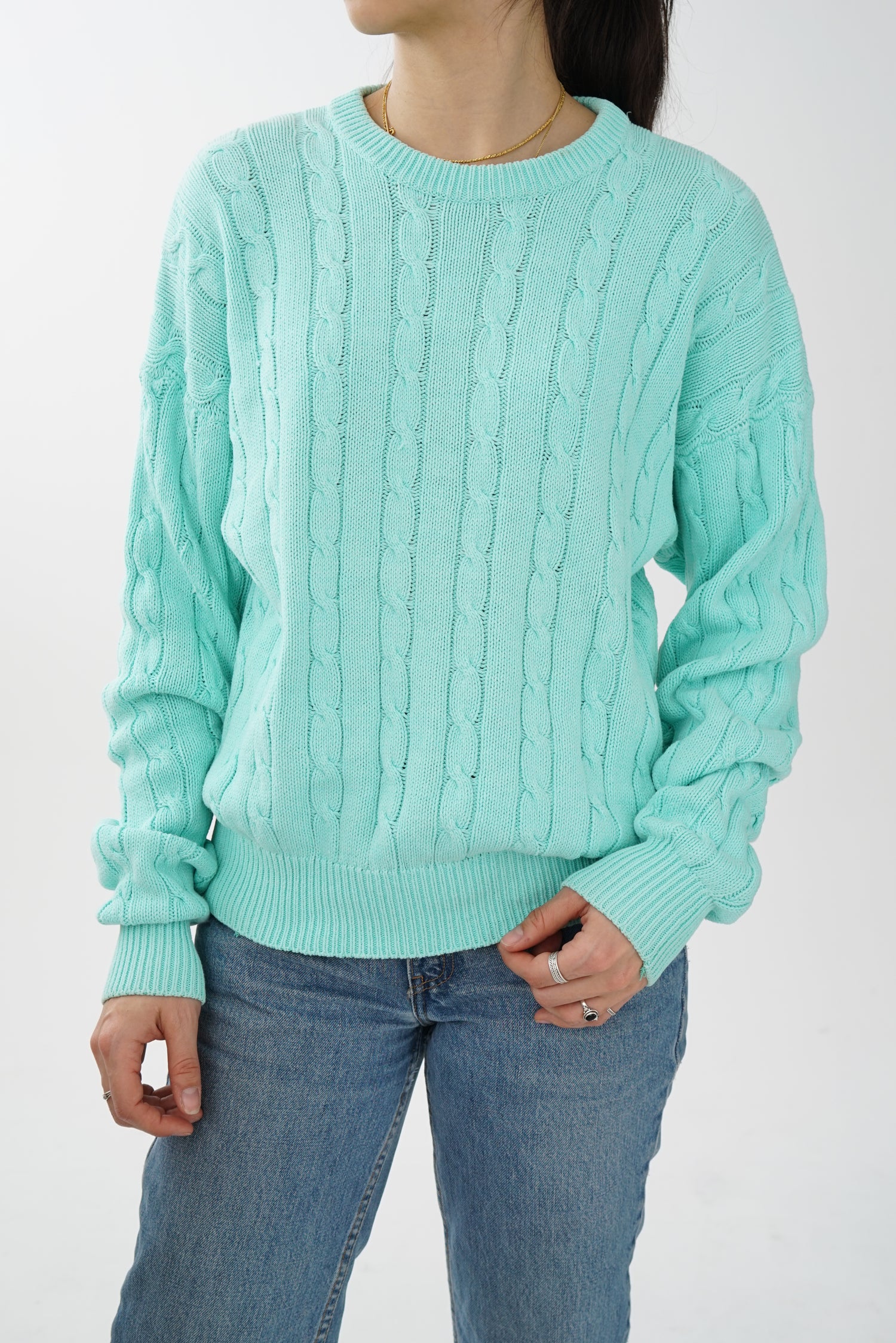 Chandail tressé à manches longues vintage Trade turquoise pour femme taille M