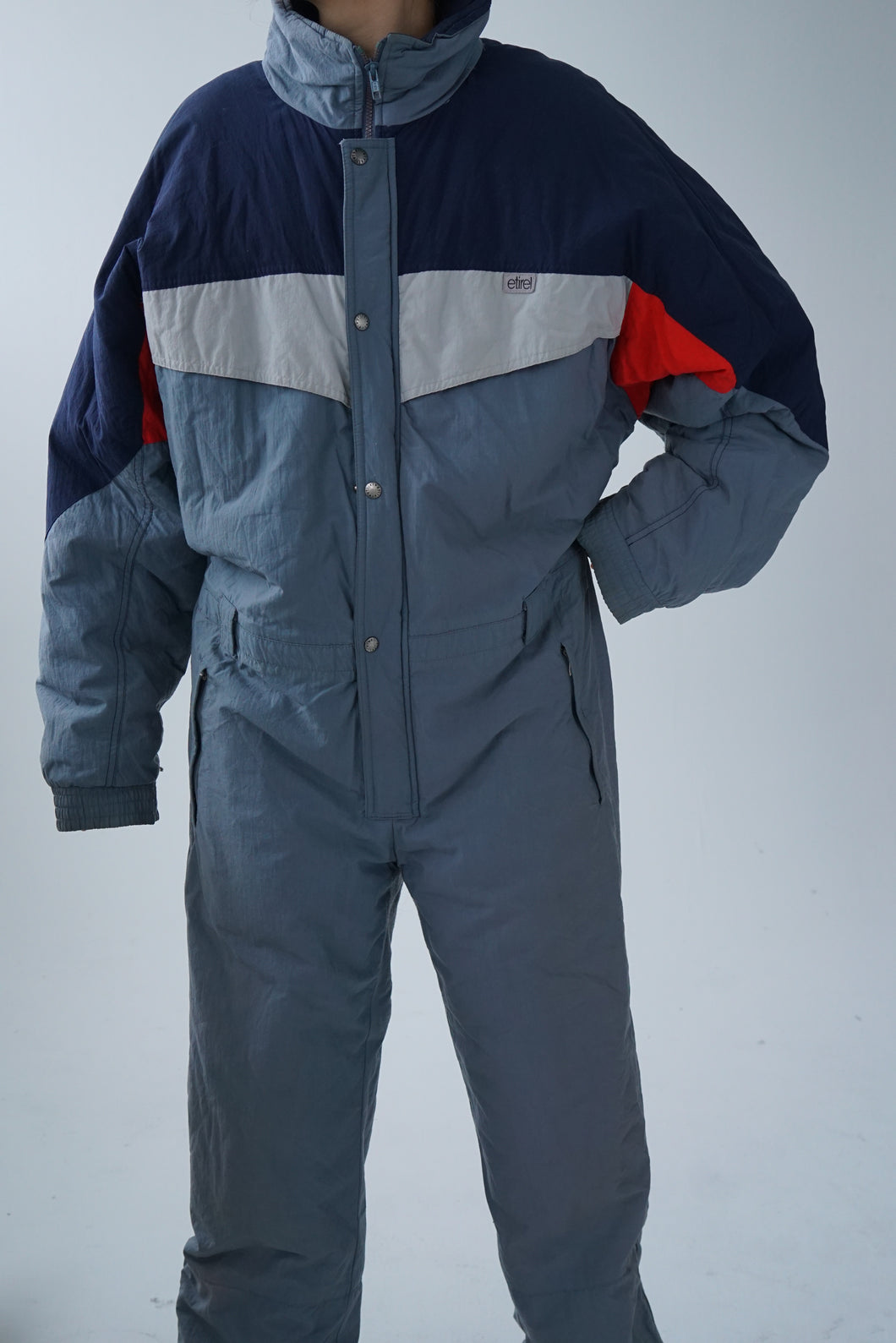 Vintage one piece Etirel ski suit, grey-blue snow suit for men size 54 (XL)