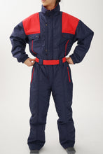 Load image into Gallery viewer, One piece vintage Long&#39;s Peak ski suit, snow suit bleu marin et rouge pour homme taille L
