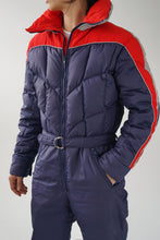 Load image into Gallery viewer, Vintage one piece Ditrani ski suit, retro red and blue down snow suit size 42 (M)
