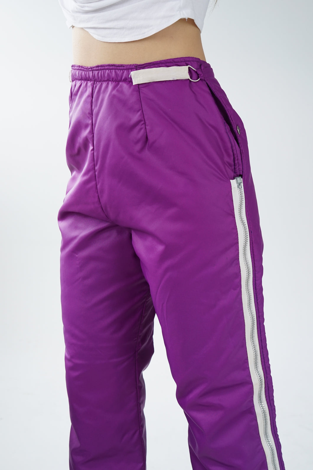 Pantalon de neige vintage 60s mauve avec gros zip pour femme taille 28