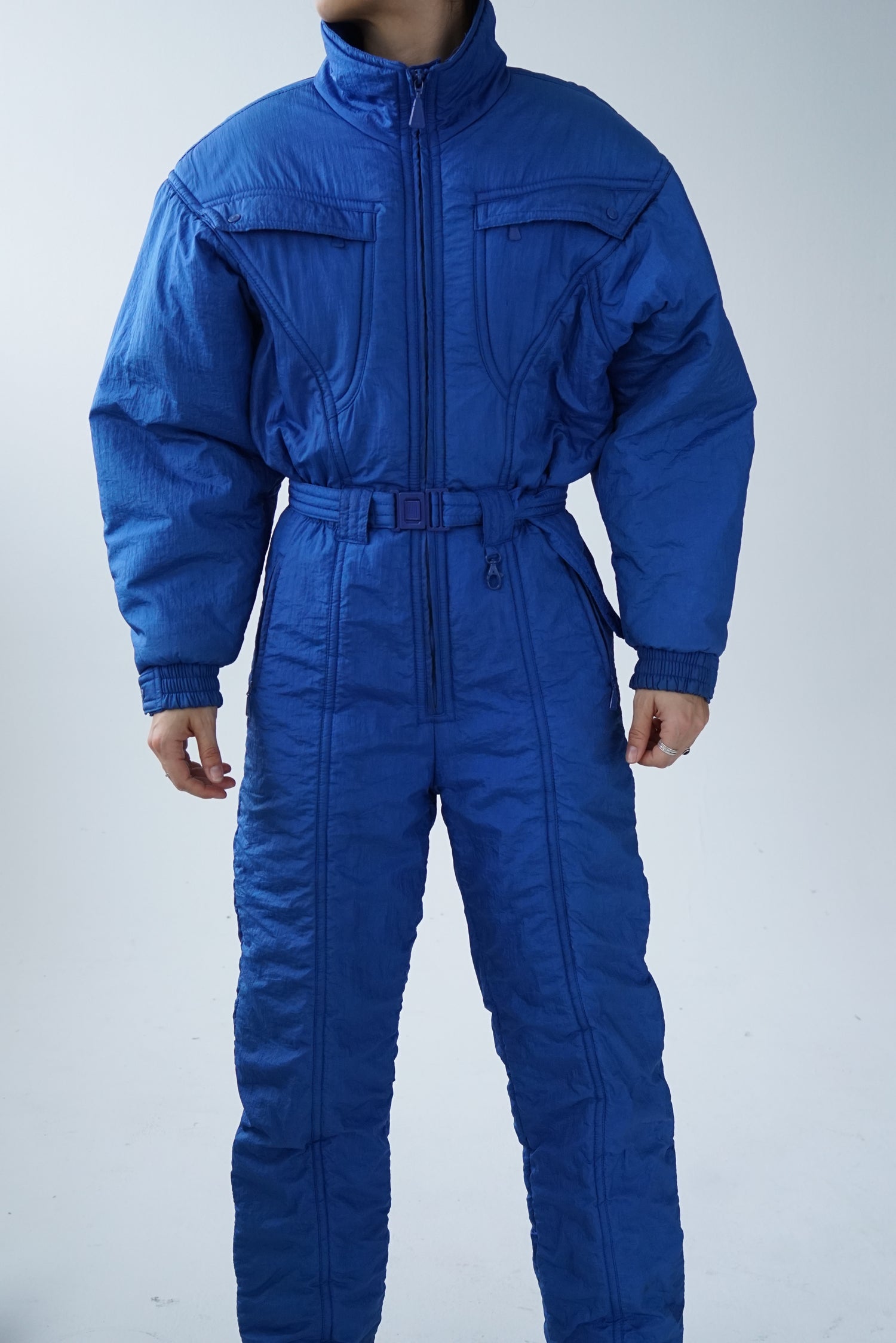 One piece vintage Euroski ski suit, snow suit bleu métallique unisex taille 14 (M)