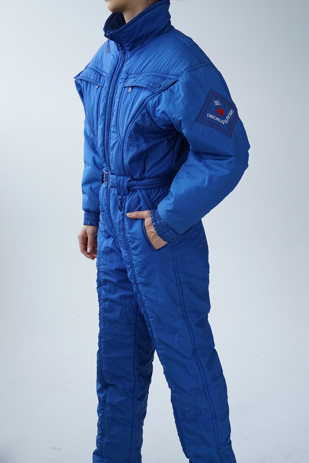 One piece vintage Euroski ski suit, snow suit bleu métallique unisex taille 14 (M)