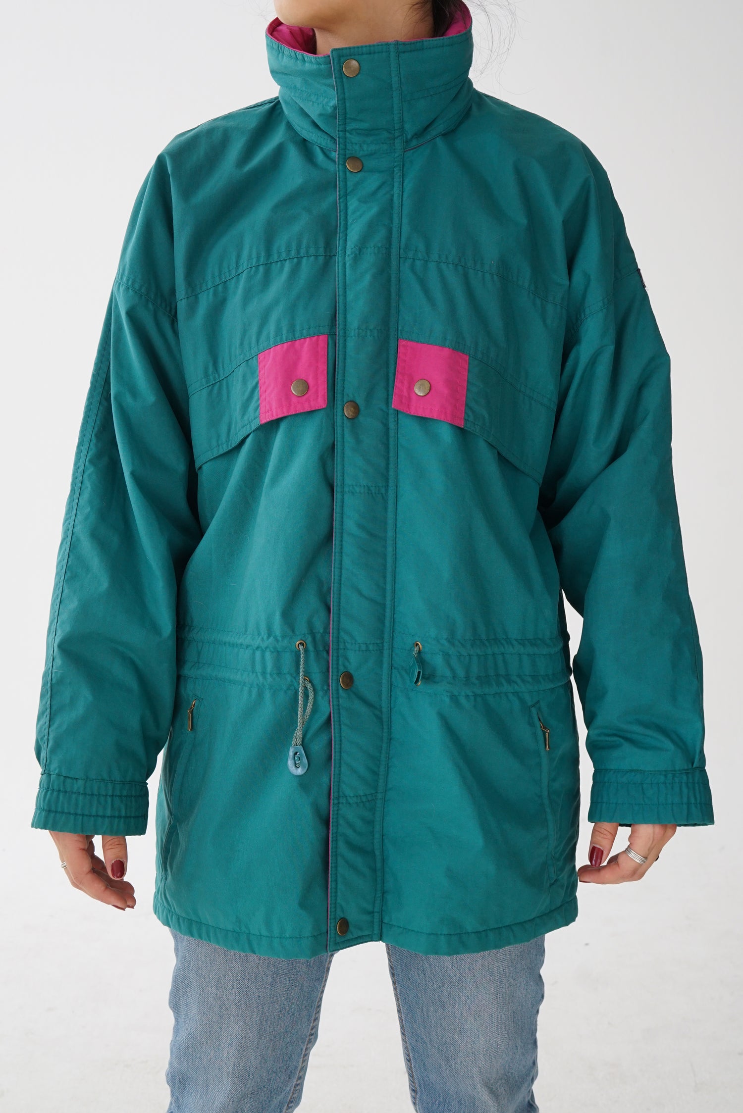 Manteau léger rétro Lifa vert intérieur rose unisexe taille M-L