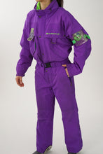 Charger l&#39;image dans la galerie, One piece vintage Kastle ski suit, snow suit mauve et vert fluo unisex taille 48 (M)
