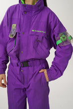 Charger l&#39;image dans la galerie, One piece vintage Kastle ski suit, snow suit mauve et vert fluo unisex taille 48 (M)
