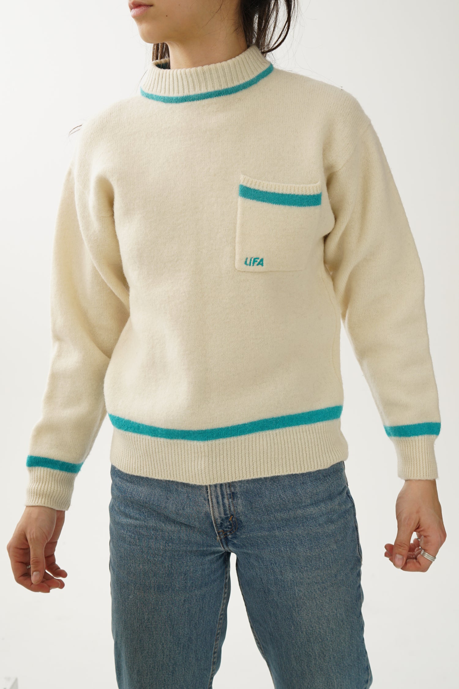 Insane LIFA pure wool vintage ski sweater in white and turquoise, like new size S