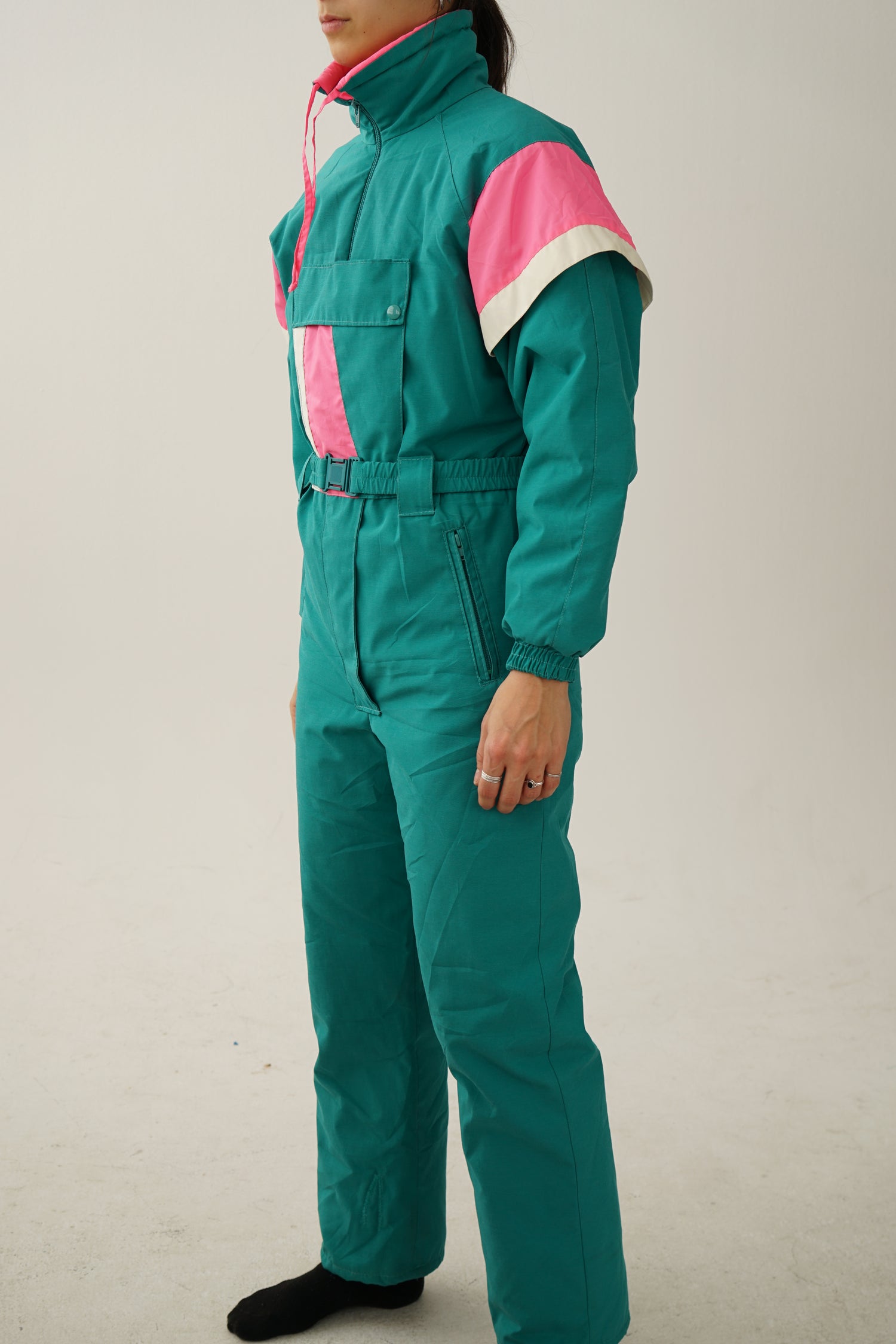 Vintage one piece Lamartine ski suit, green and pink snow suit size 6