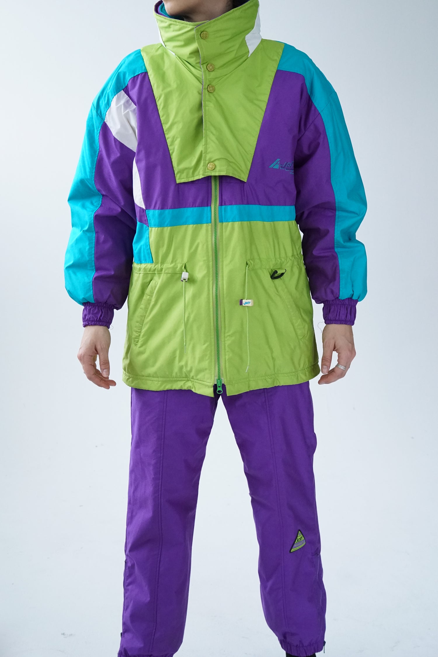 Vintage two-piece Joff ski suit, purple and green snow suit size 14 (M)