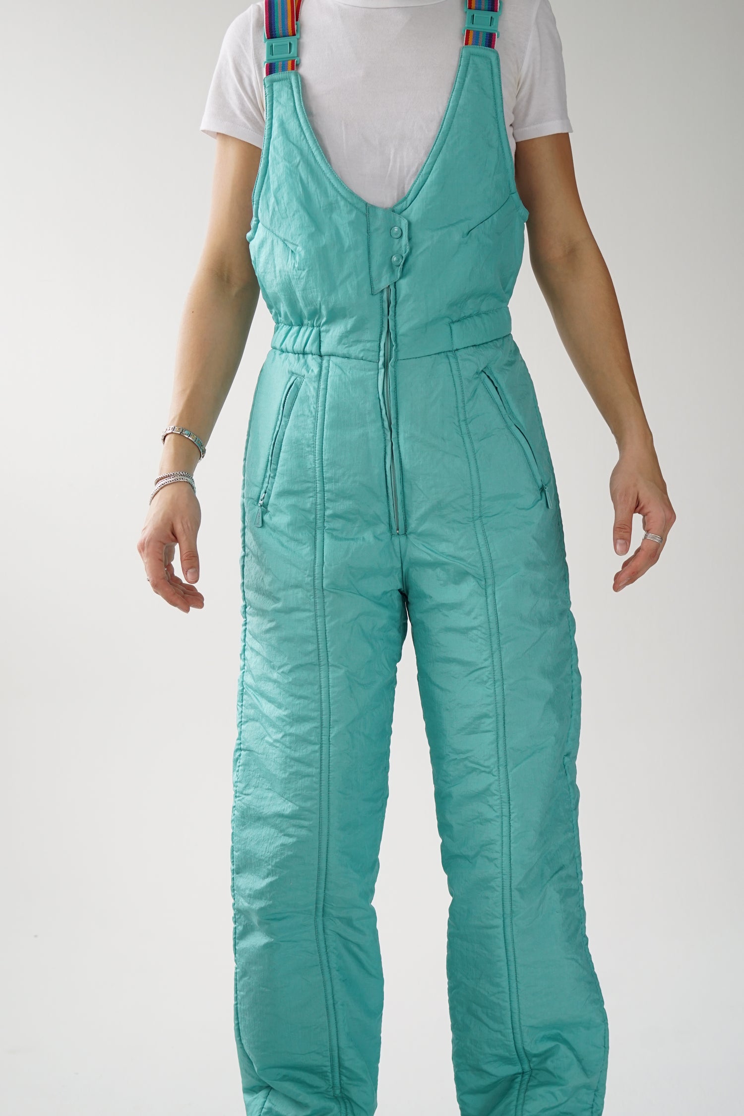 Turquoise with colorful straps vintage overalls snow pants size 12