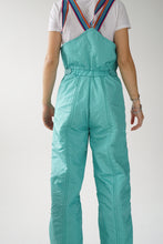 Load image into Gallery viewer, Turquoise with colorful straps vintage overalls snow pants size 12
