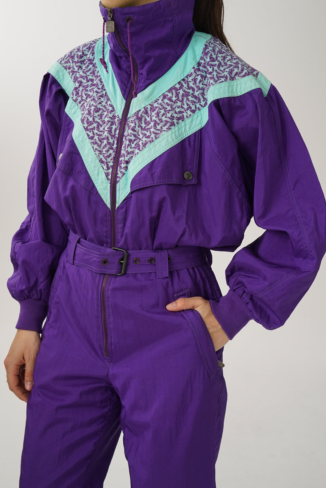 One piece vintage Kaelin Skiwear ski suit, snow suit léger mauve et turquoise unisex taille 8 (S-M)