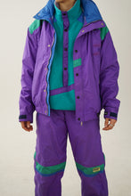 Load image into Gallery viewer, Insane vintage two piece Nat Lacen ski suit with fleece jacket, retro purple and turquoise snow suit L
