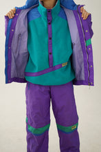 Load image into Gallery viewer, Insane vintage two piece Nat Lacen ski suit with fleece jacket, retro purple and turquoise snow suit L
