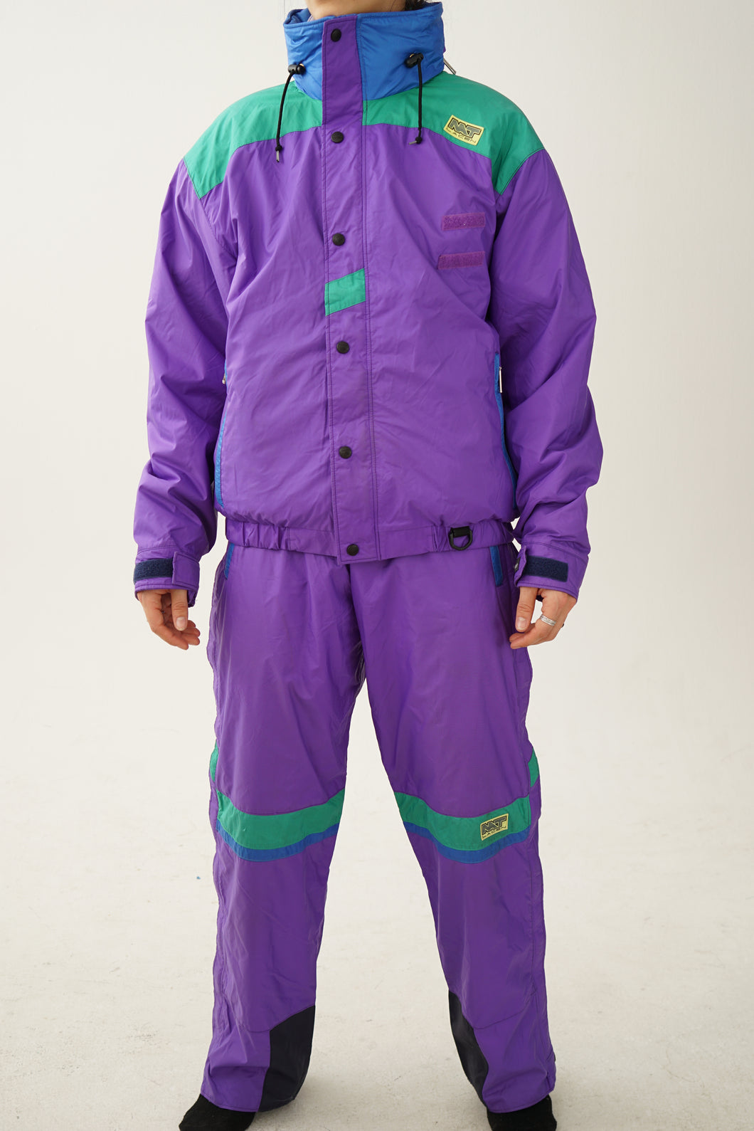 Insane vintage two piece Nat Lacen ski suit with fleece jacket, retro purple and turquoise snow suit L