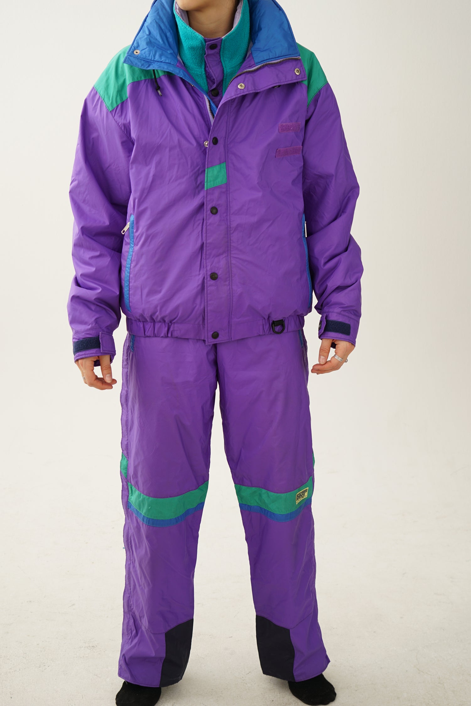 Insane vintage two piece Nat Lacen ski suit with fleece jacket, retro purple and turquoise snow suit L
