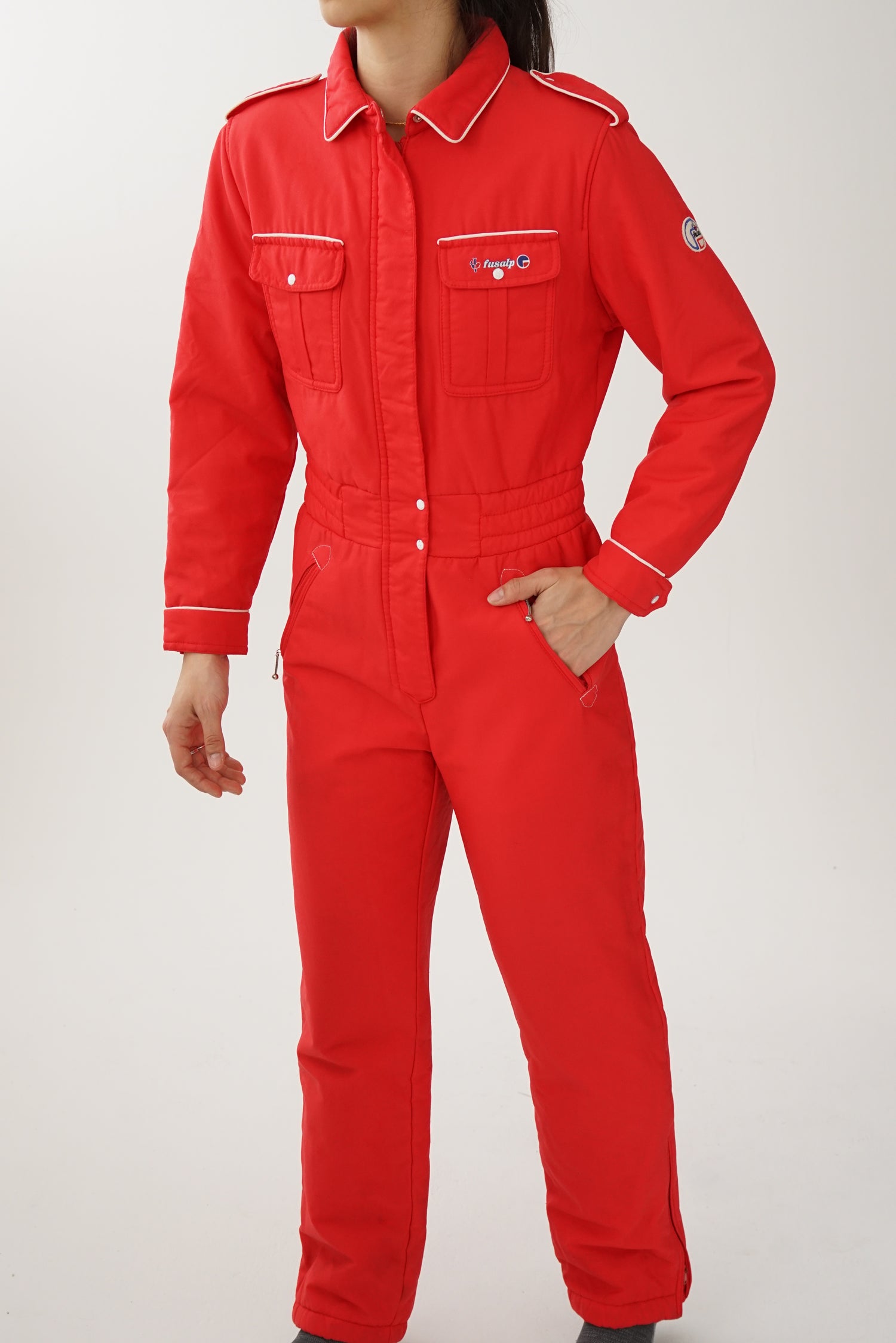 One piece vintage 60s Fusalp ski suit, snow suit léger rouge pour femme taille S