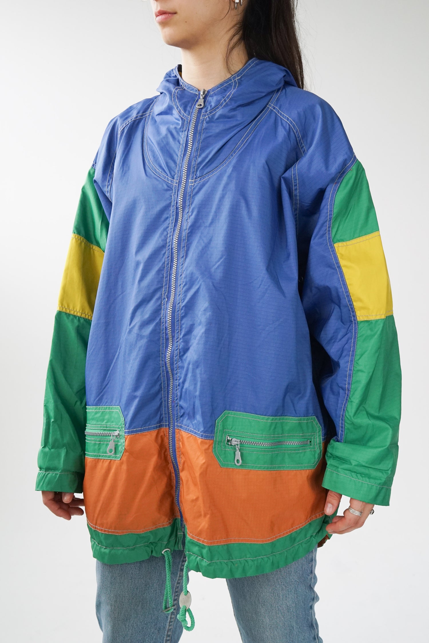 Coupe-vent/imper vintage Northern Climate bleu, vert et orange taille L