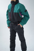 Charger l&#39;image dans la galerie, One piece vintage Obermeyer ski suit, snow suit noir avec rouge et vert forêt pour homme taille M
