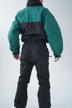 Charger l&#39;image dans la galerie, One piece vintage Obermeyer ski suit, snow suit noir avec rouge et vert forêt pour homme taille M
