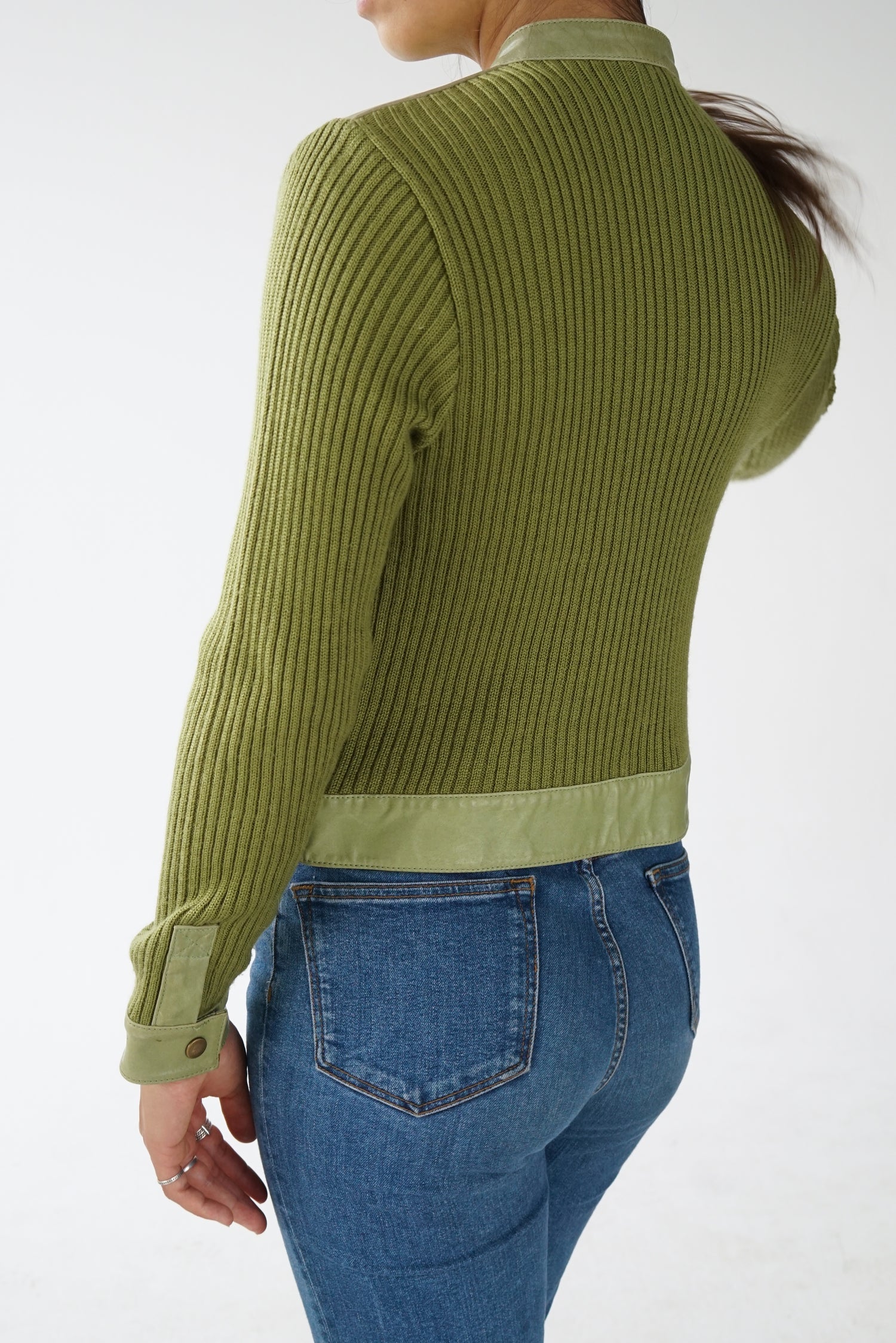 Manteau de cuir et laine vert pour femme taille S