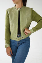 Charger l&#39;image dans la galerie, Manteau de cuir et laine vert pour femme taille S
