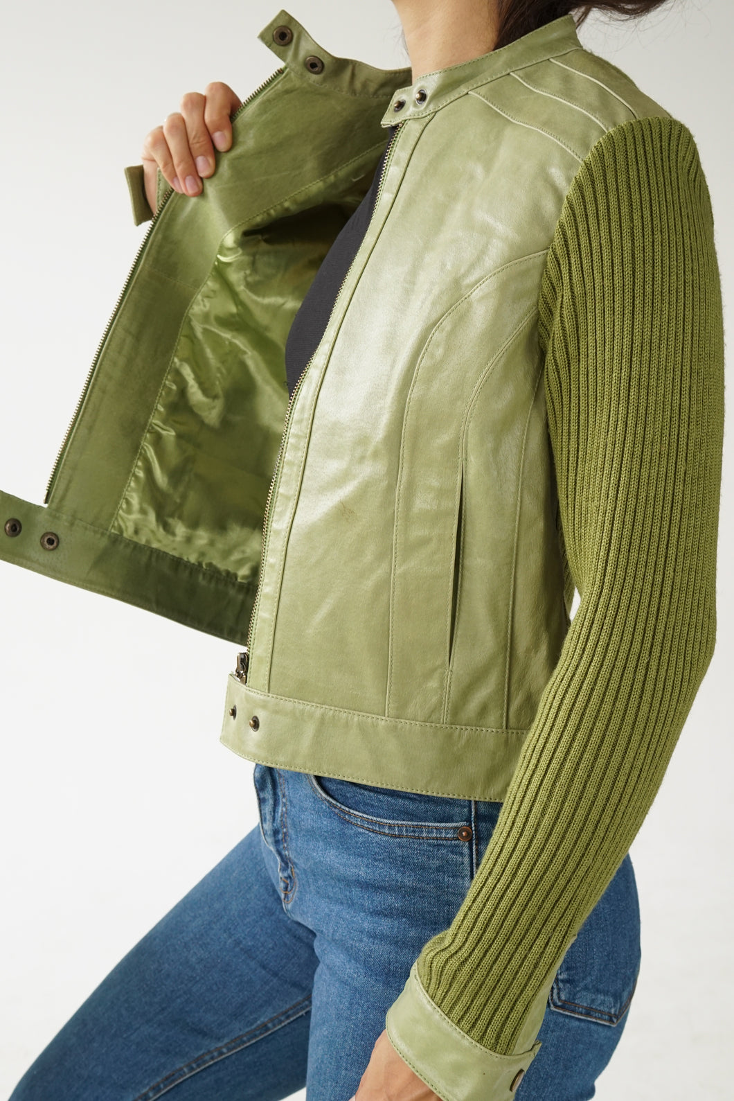 Manteau de cuir et laine vert pour femme taille S