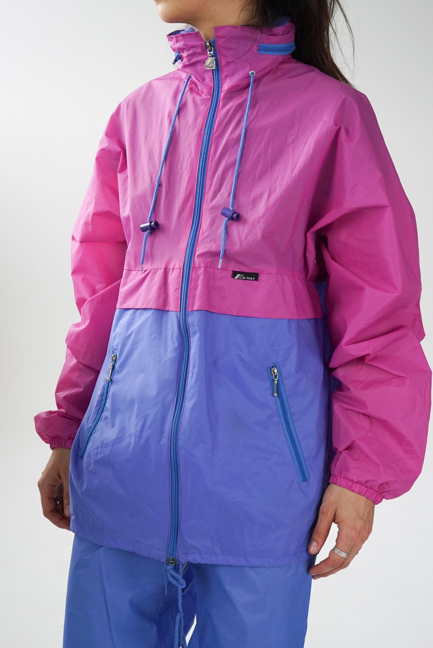 Ensemble imperméable K-Way vintage pastel bleu et rose pour femme taille 8