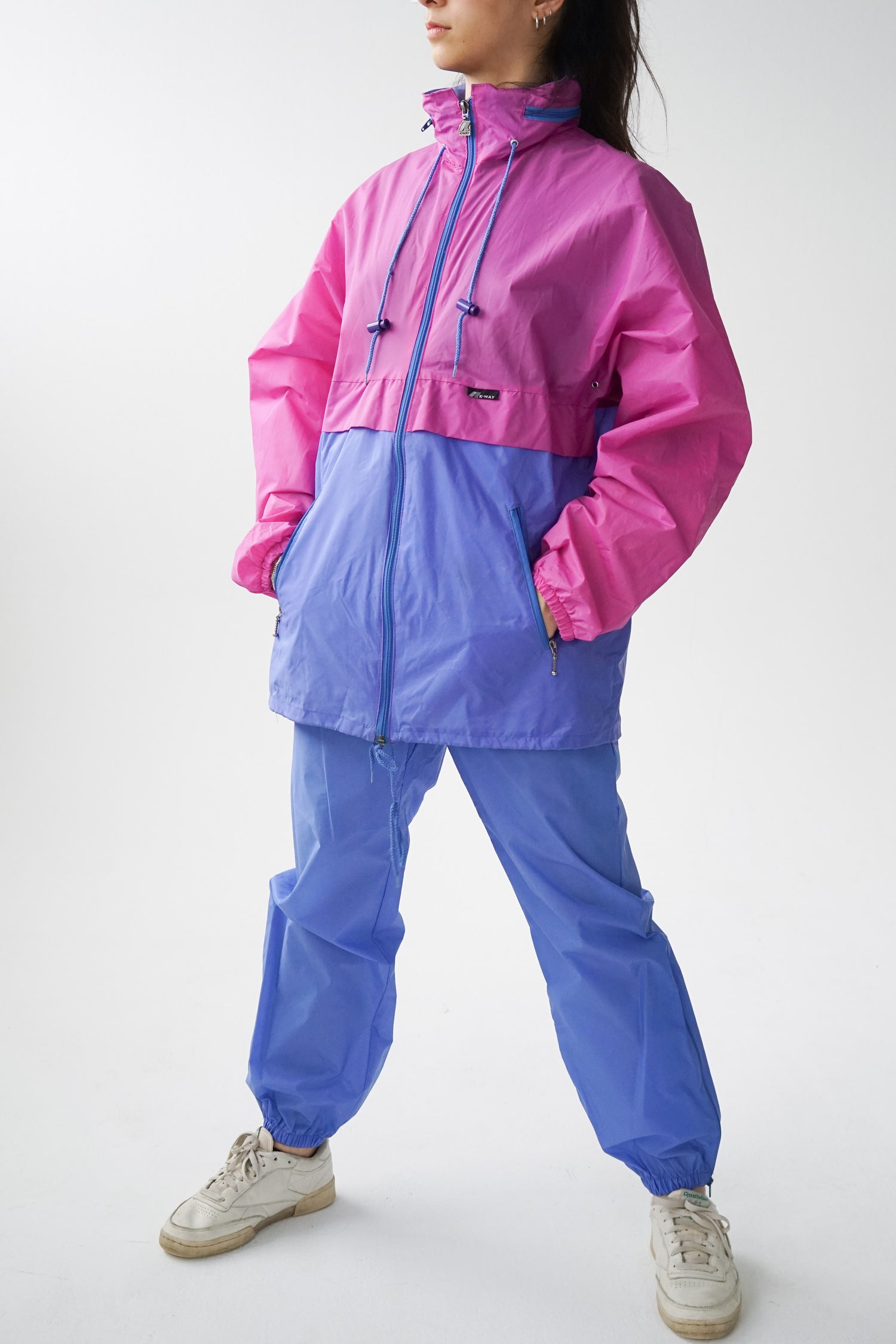 Ensemble imperméable K-Way vintage pastel bleu et rose pour femme taille 8