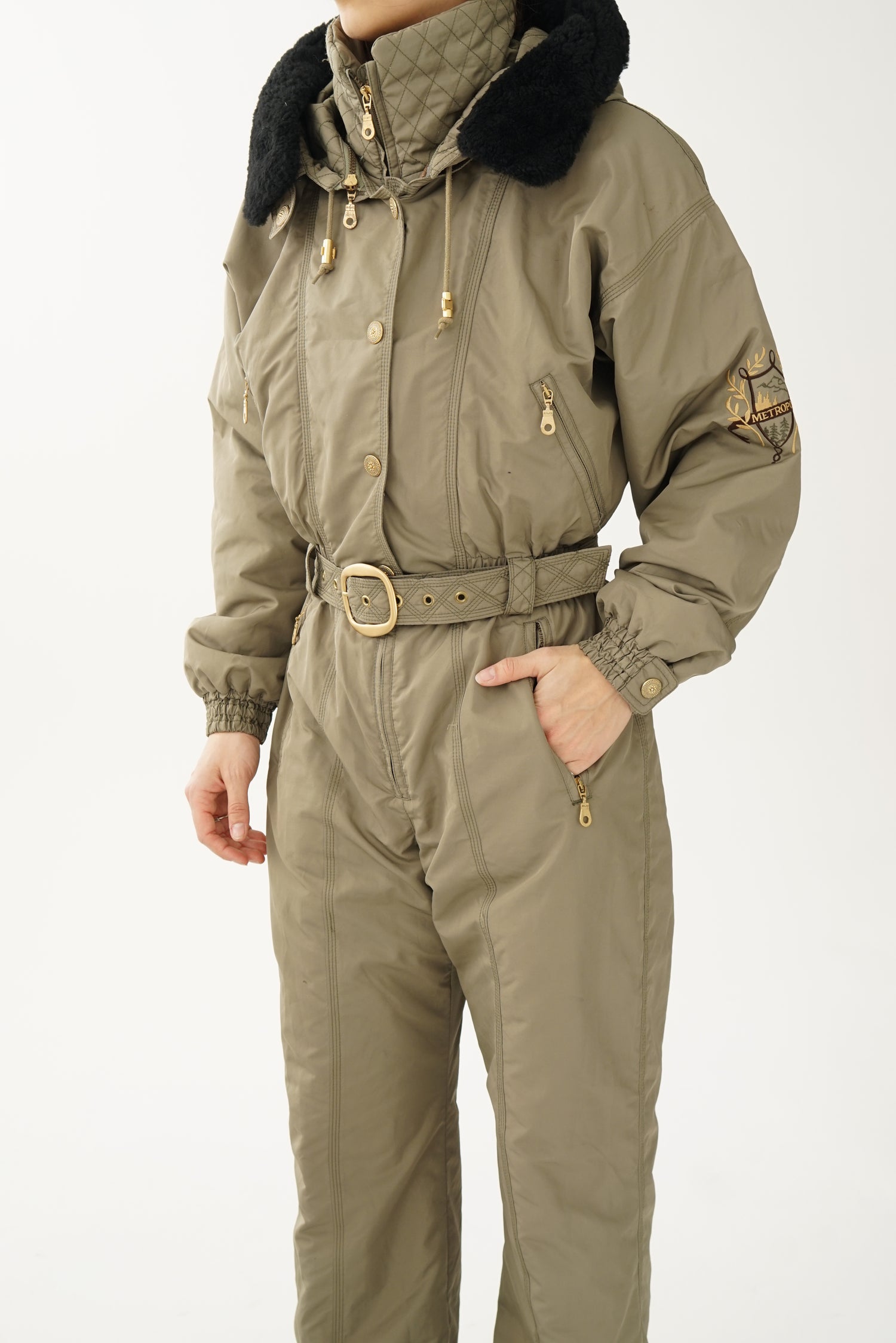 Vintage one piece Metropolis ski suit, khaki snow suit with faux fur hood & gilding size 12