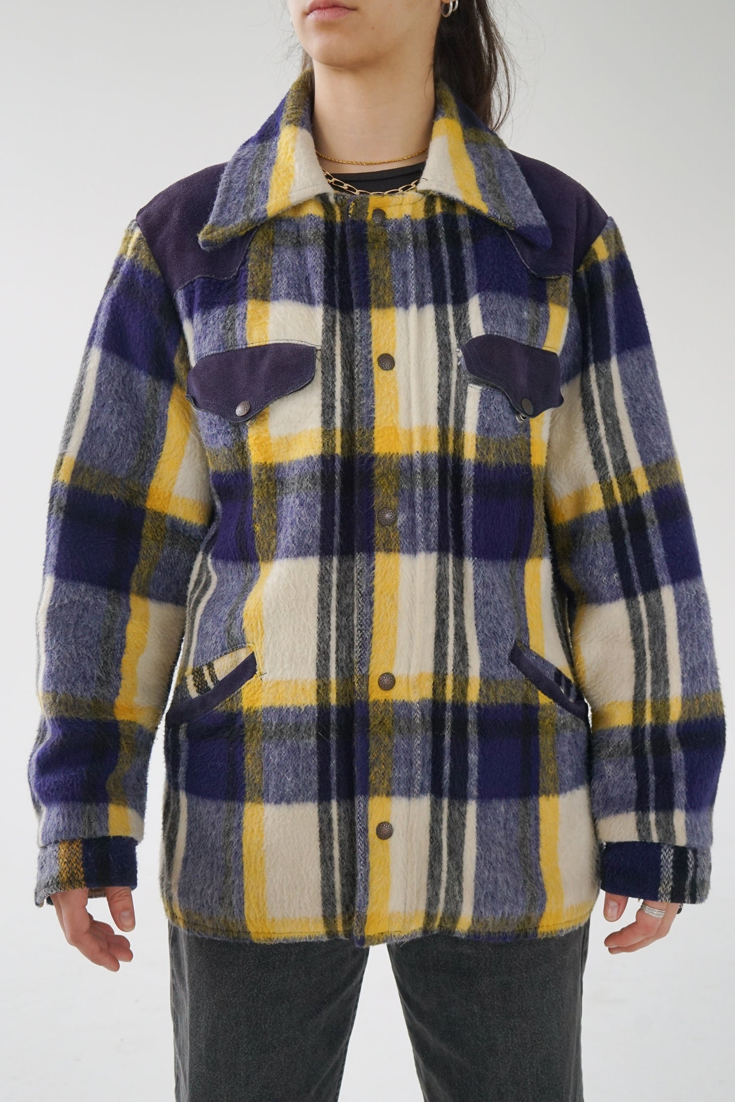 Manteau de laine vintage 60s tartan bleu et jaune Sportchief avec suède taille M-L