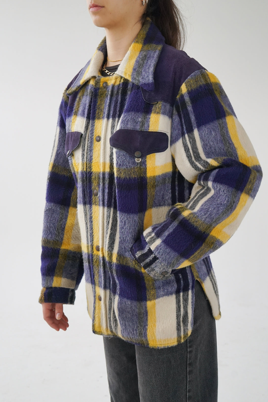 Manteau de laine vintage 60s tartan bleu et jaune Sportchief avec suède taille M-L