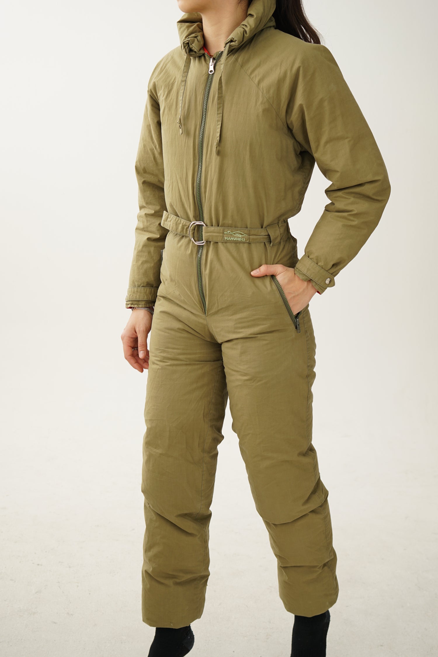 Vintage one piece Manudieci ski suit 100% down, khaki snow suit made in Italy