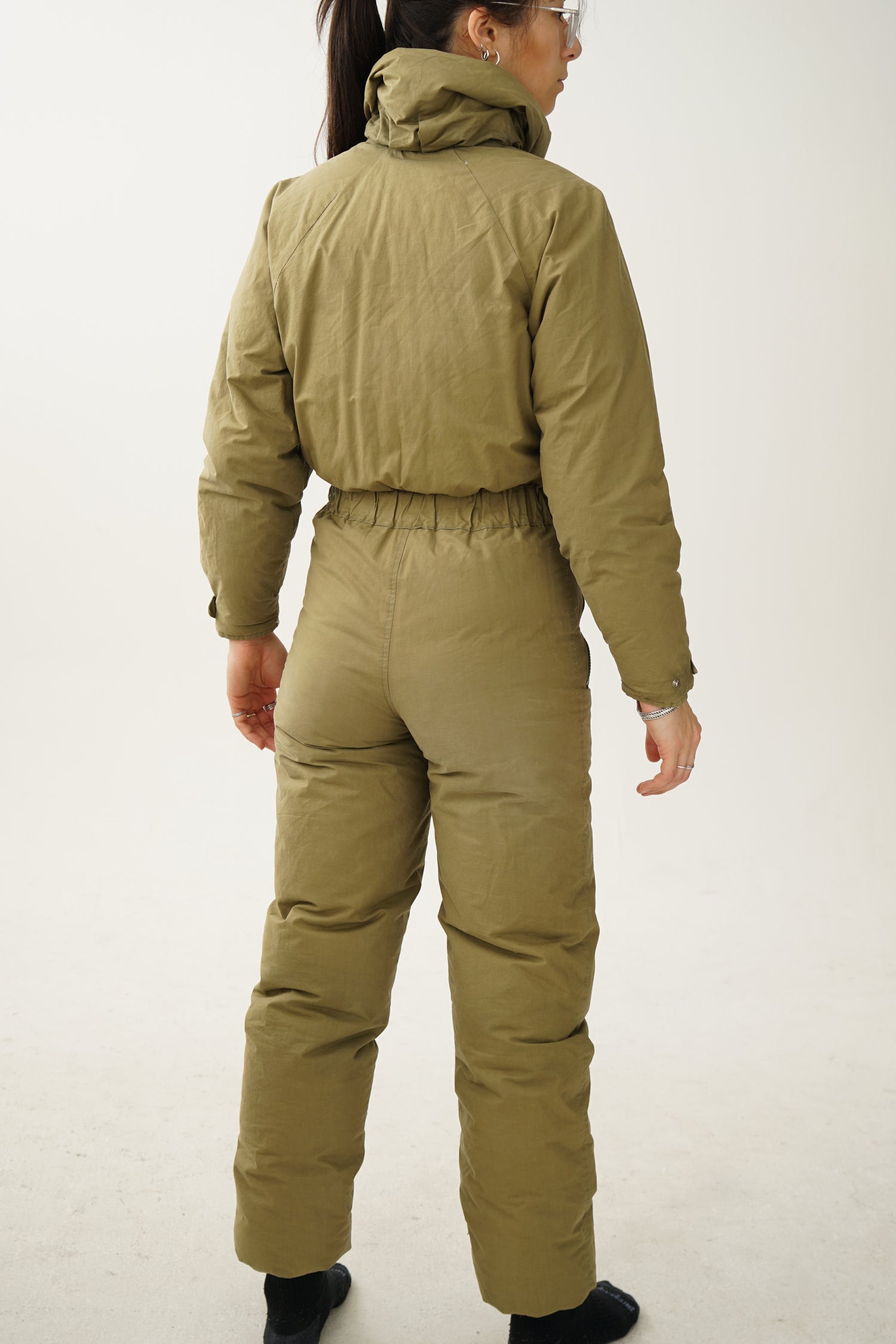 Vintage one piece Manudieci ski suit 100% down, khaki snow suit made in Italy