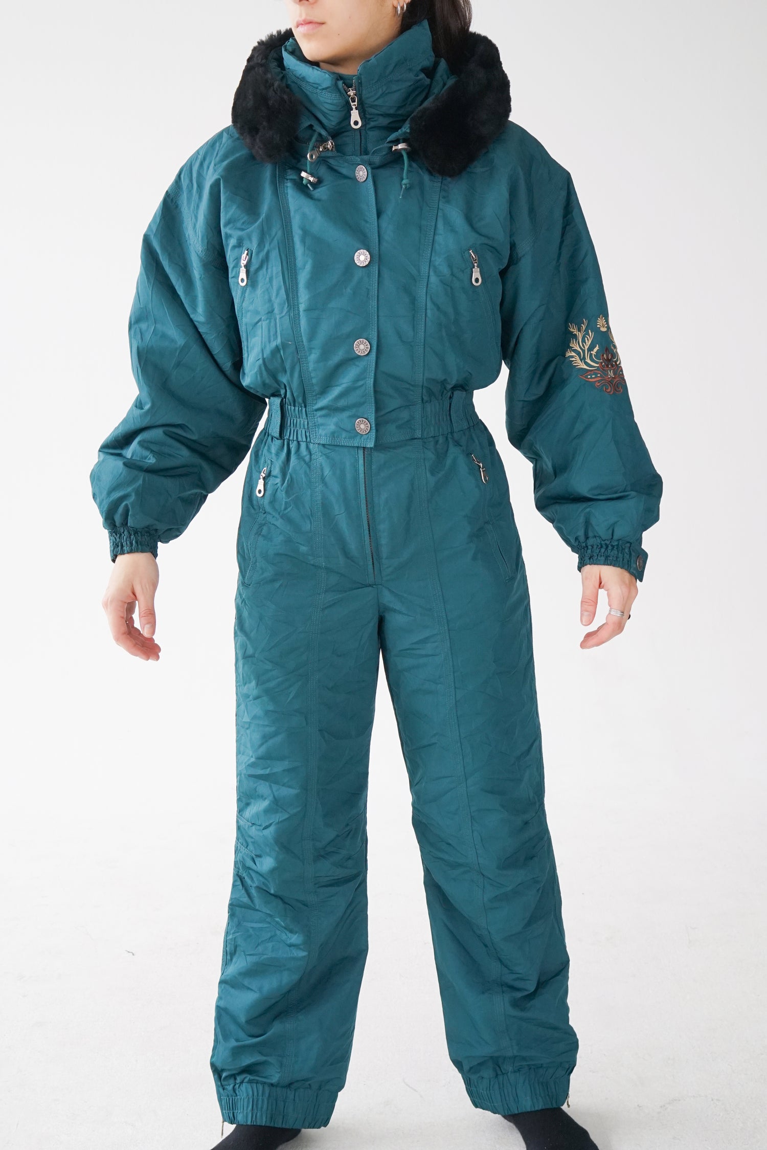 One piece Metropolis ski suit, snow suit vert forêt avec capuche pour femme taille 8 (S)