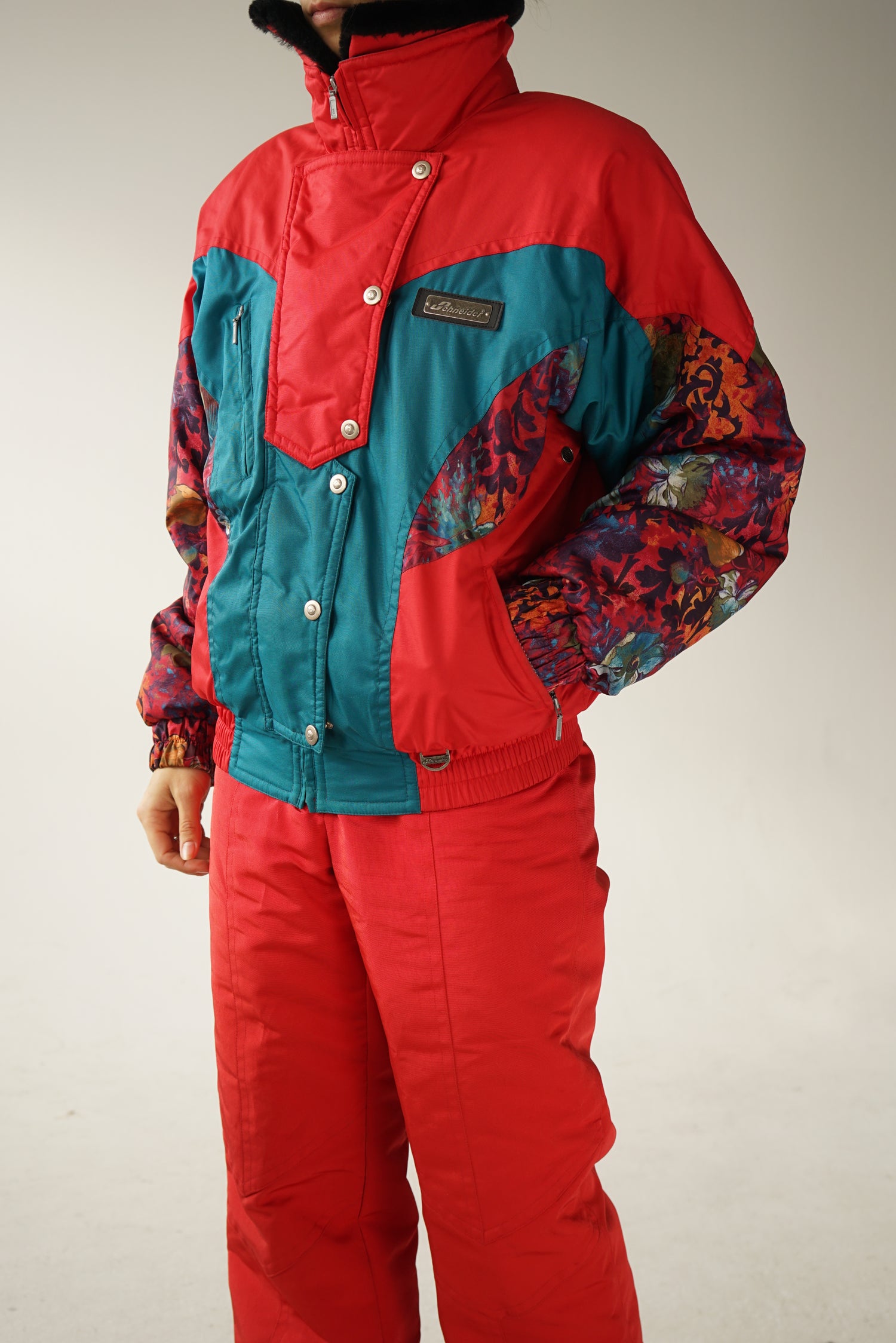 Retro two piece ski suit with faux fur collar size 10