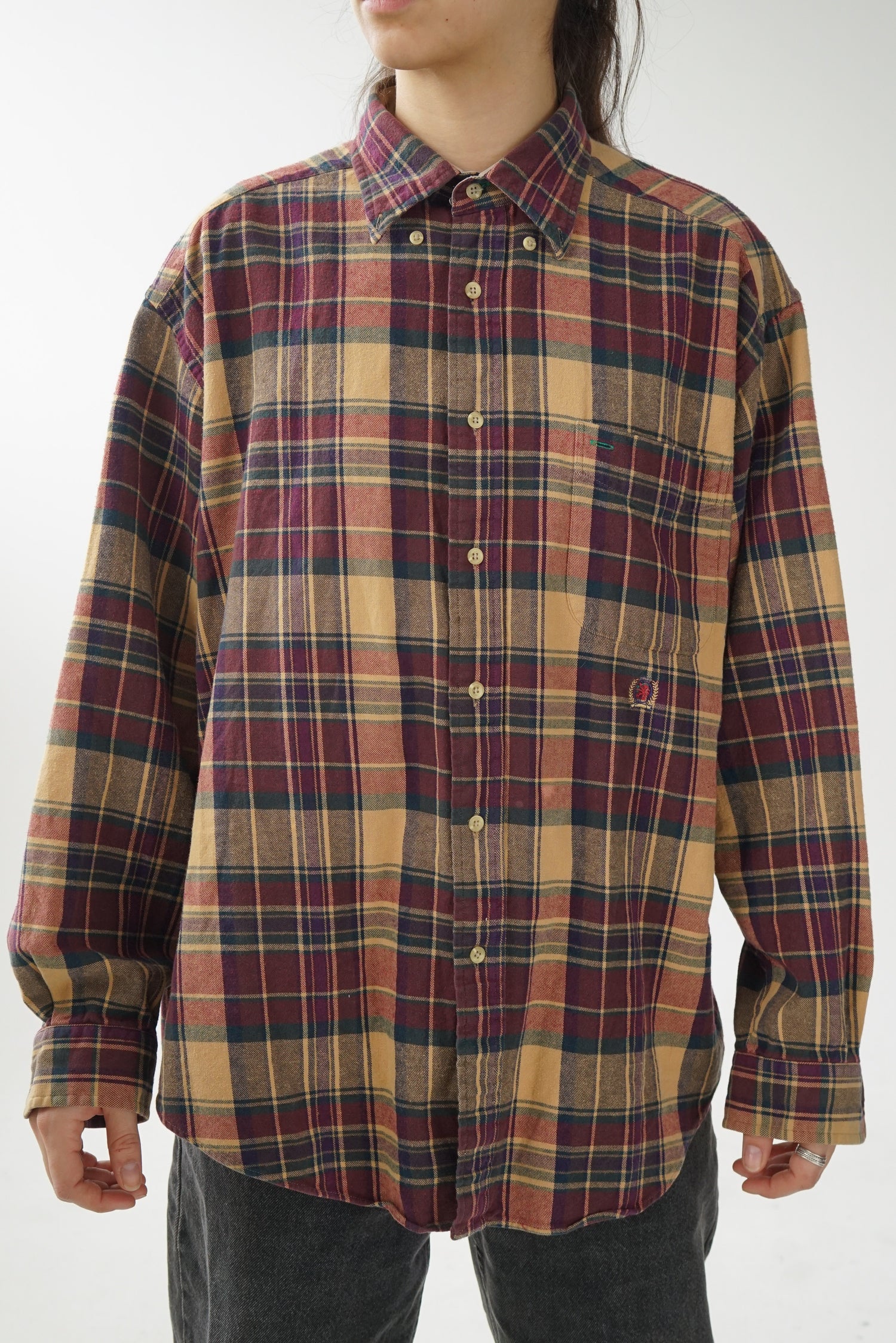 Chemise en coton Tommy Hilfiger vintage tartan brun pour homme taille L