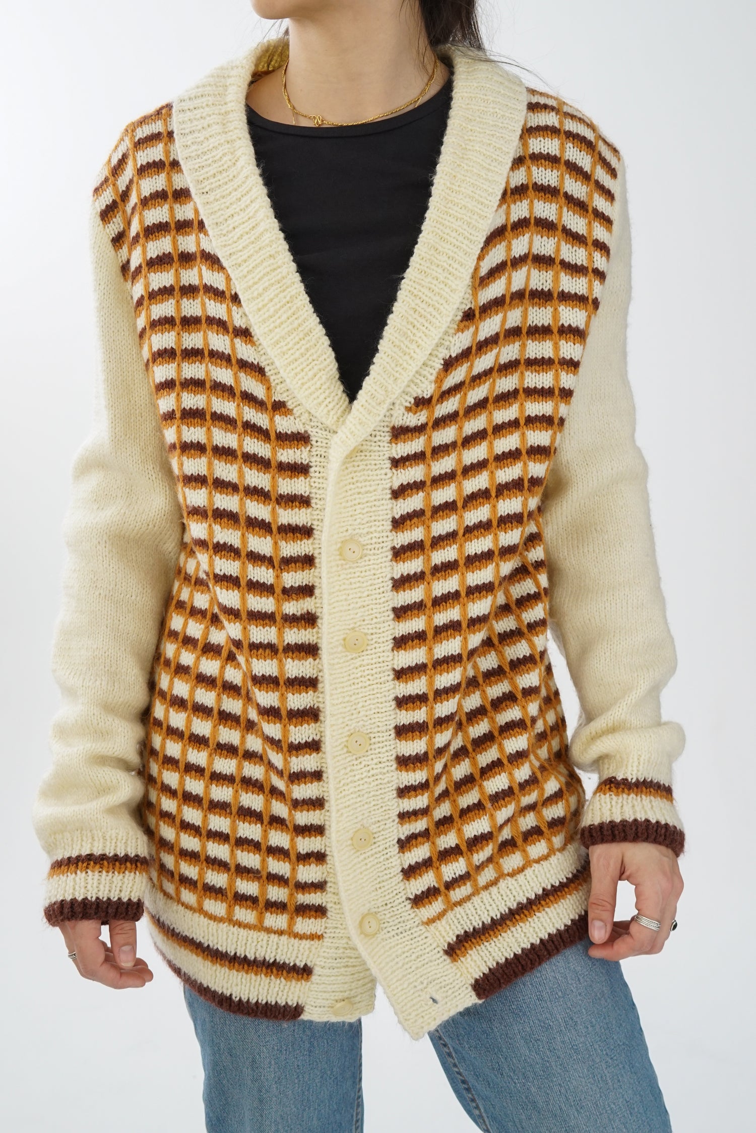 Veste en tricot vintage off-white, beige et brun à boutons unisex taille O/S