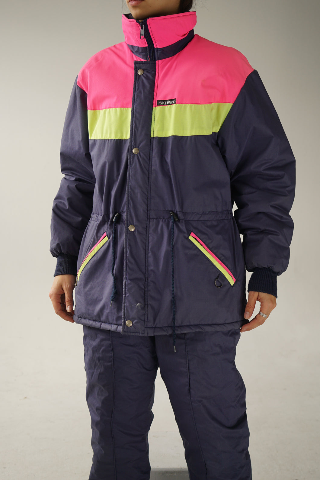 Vintage two piece Ski Way ski suit, pink and blue snow suit size 10