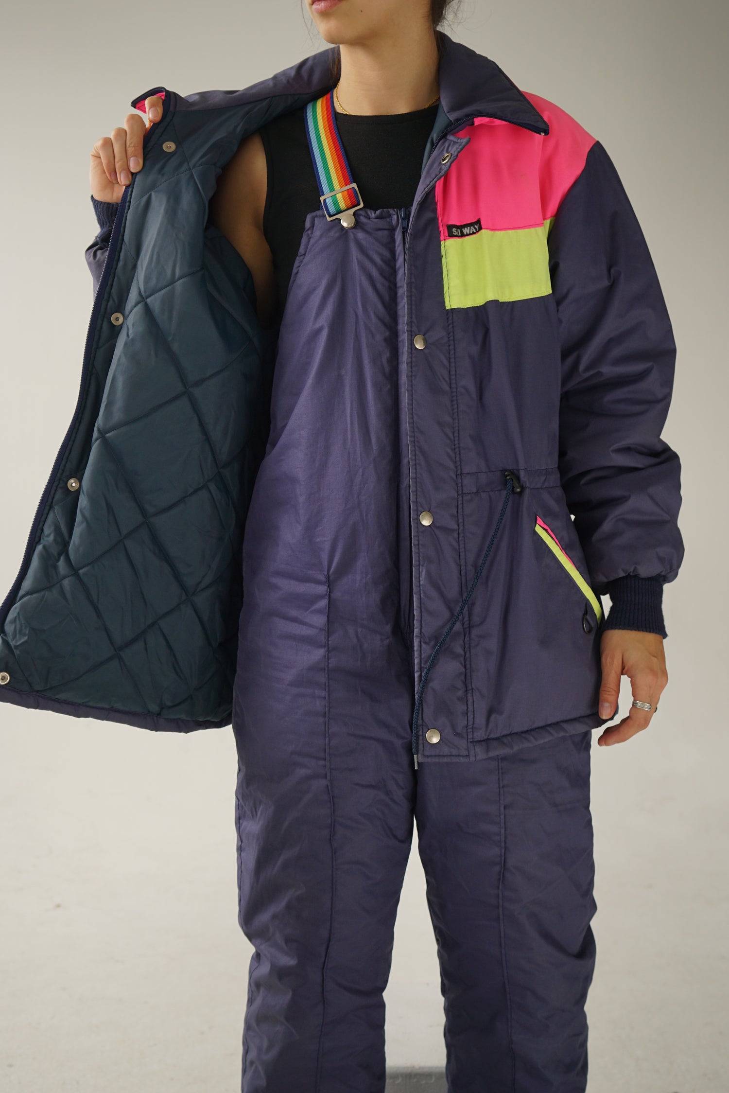 Vintage two piece Ski Way ski suit, pink and blue snow suit size 10