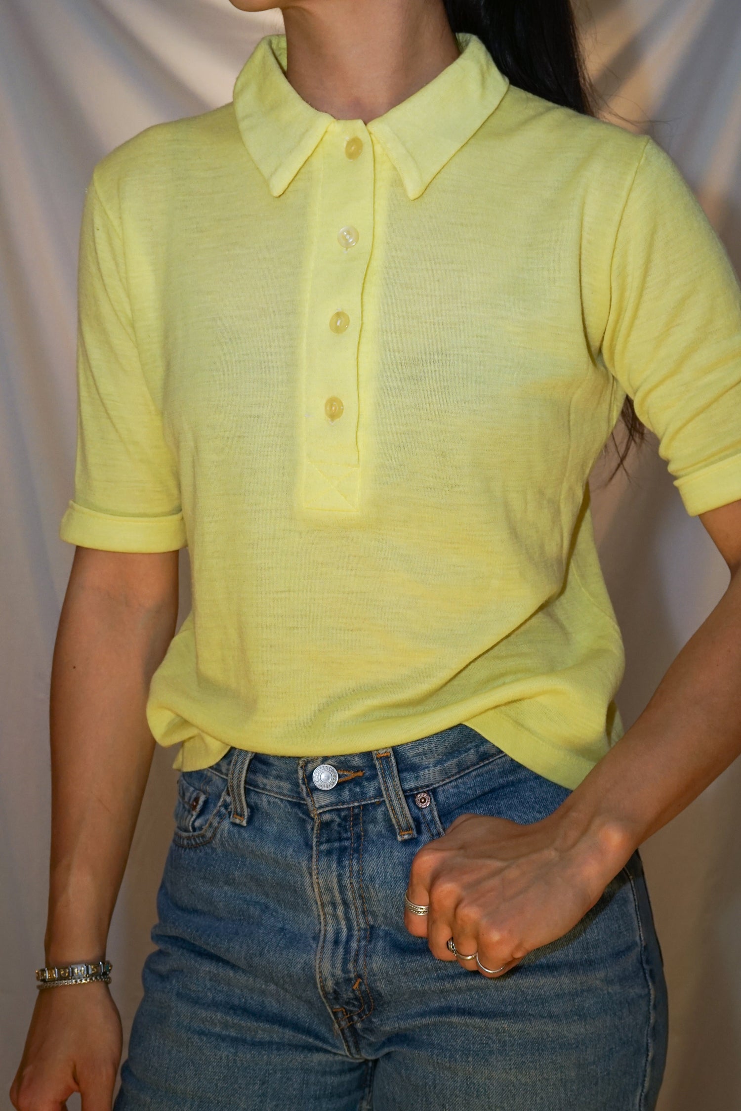 Chandail polo à manche courte vintage jaune unisex taille XS-S