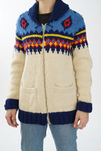 Charger l&#39;image dans la galerie, Manteau tricot vintage en laine beige et bleu foncé coloré unisex taille S
