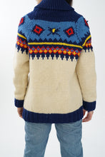 Charger l&#39;image dans la galerie, Manteau tricot vintage en laine beige et bleu foncé coloré unisex taille S
