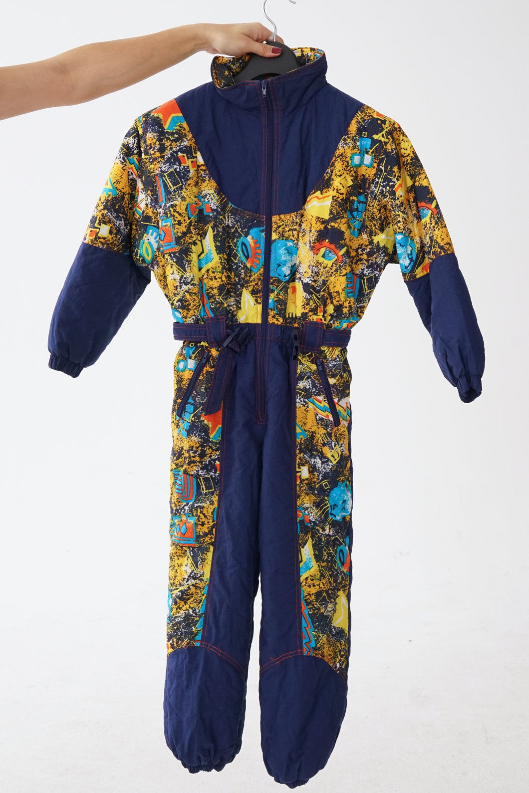 One piece vintage Pocopiano ski suit, snow suit bleu foncé et motifs jaunes unisexe taille XXS (ou enfant)