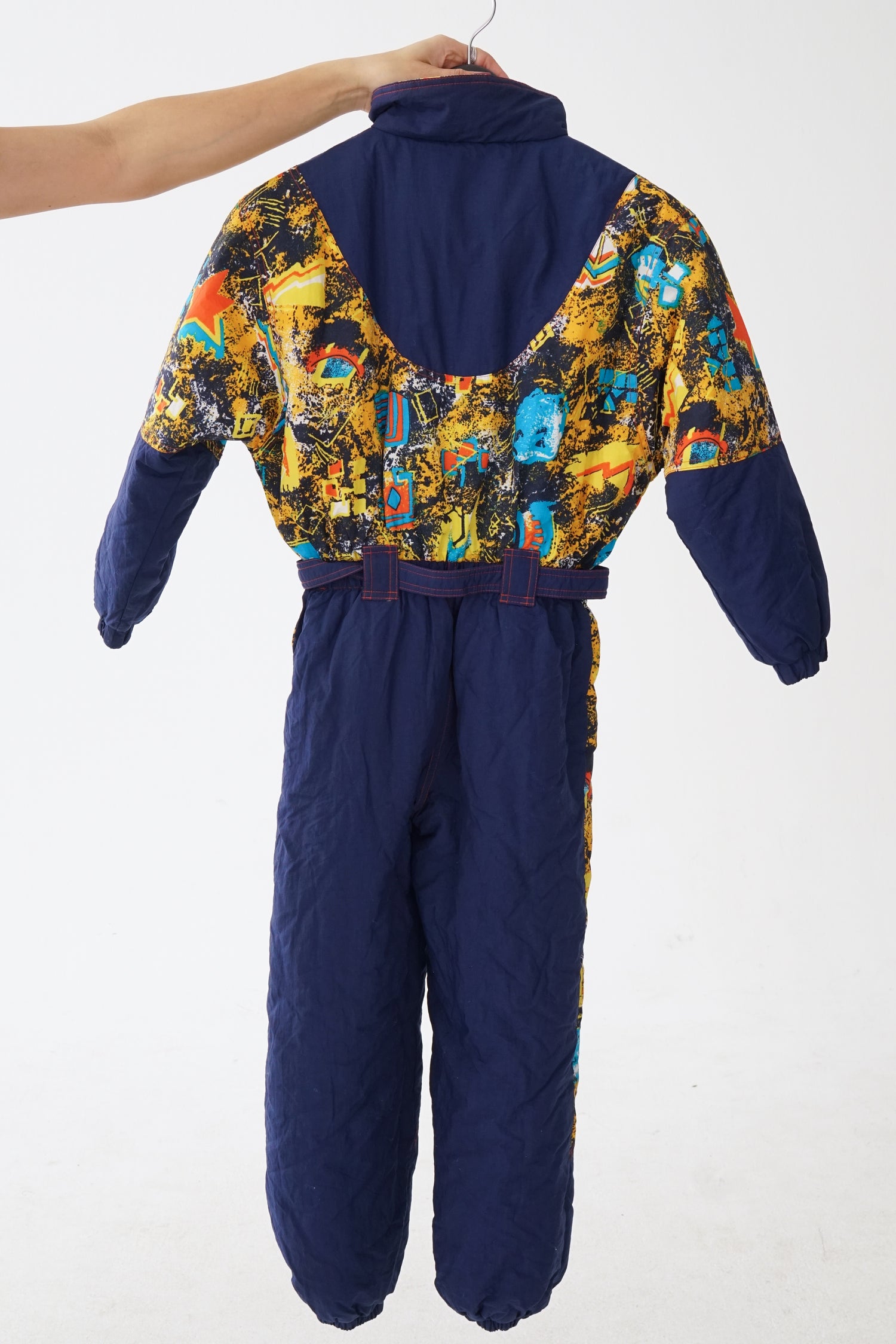 One piece vintage Pocopiano ski suit, snow suit bleu foncé et motifs jaunes unisexe taille XXS (ou enfant)