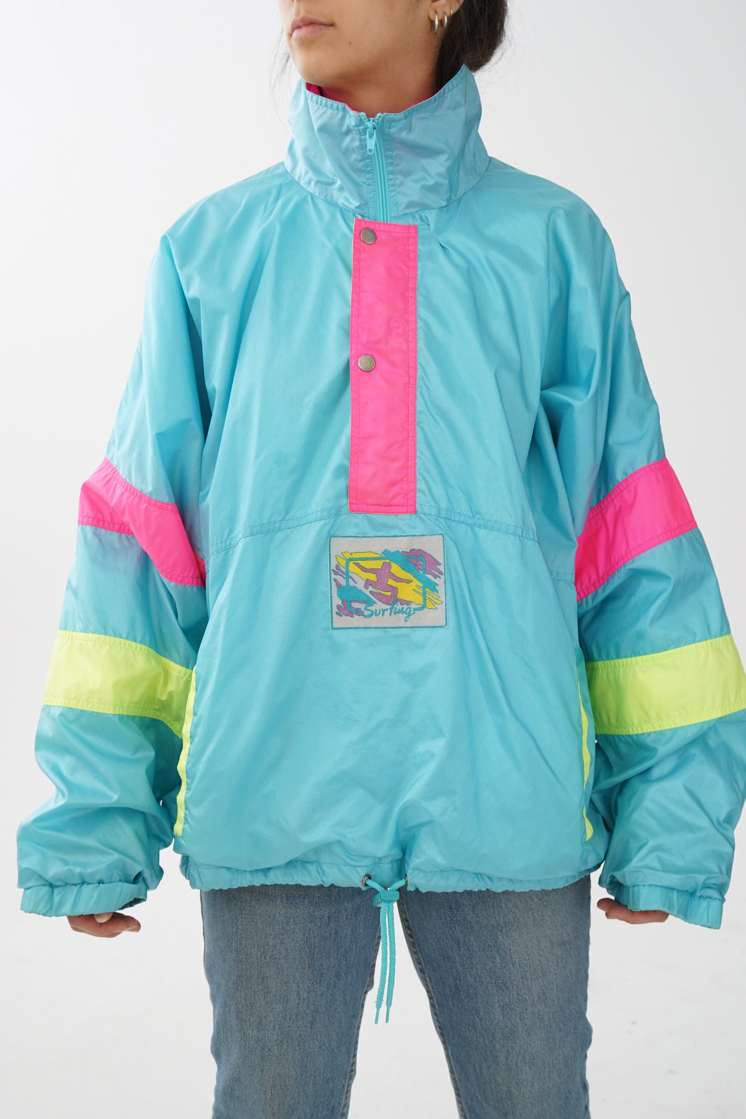 Coupe vent 80s Surfing turquoise, rose et jaune taille L