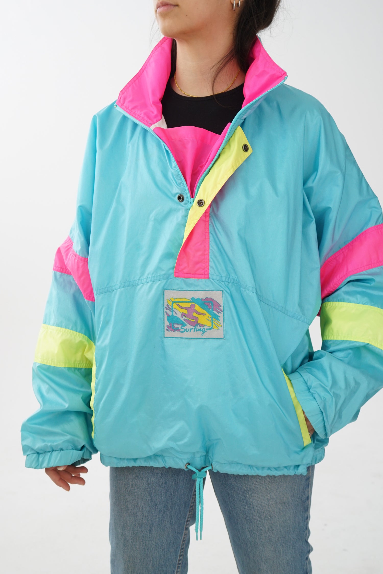 Coupe vent 80s Surfing turquoise, rose et jaune taille L