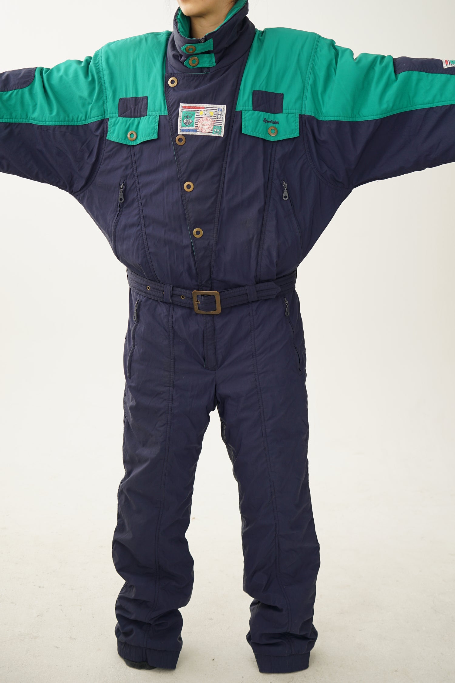 Vintage one piece Sportalm ski suit, bleu and green retro snow suit size 54 XL